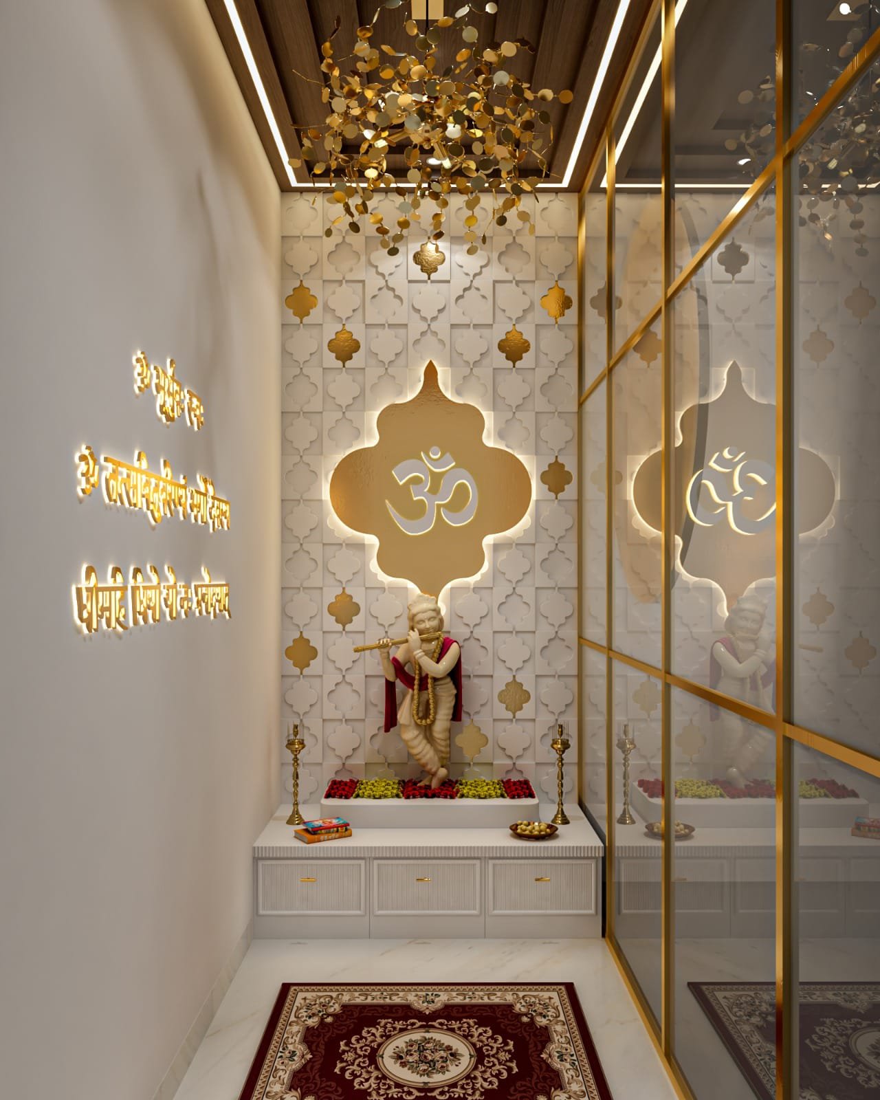 Coriantempleart modern backlit Om mandir with Krishna idol